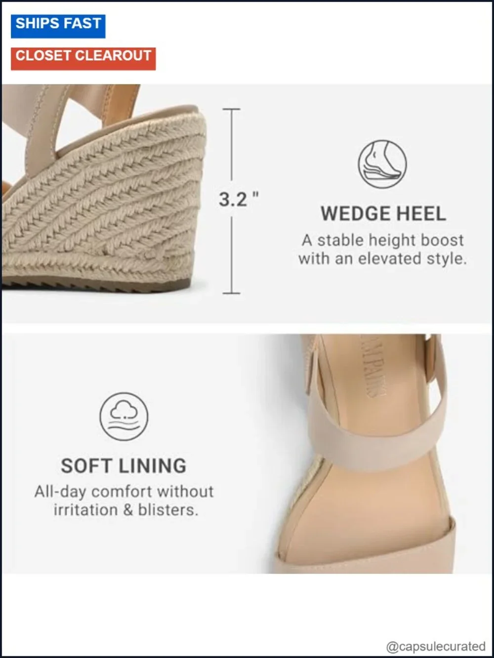 Espadrille Wedge Platform Sandals with Elastic Ankle Straps, PU Insole, Slip